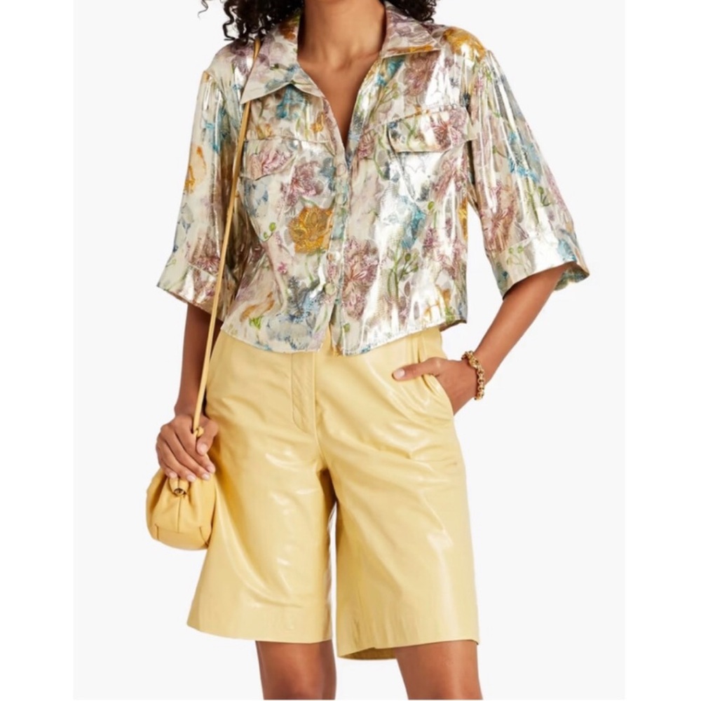 Hayley Menzies Bonita Shimmering Metallic Gold Floral Crop Blouse Button Down M